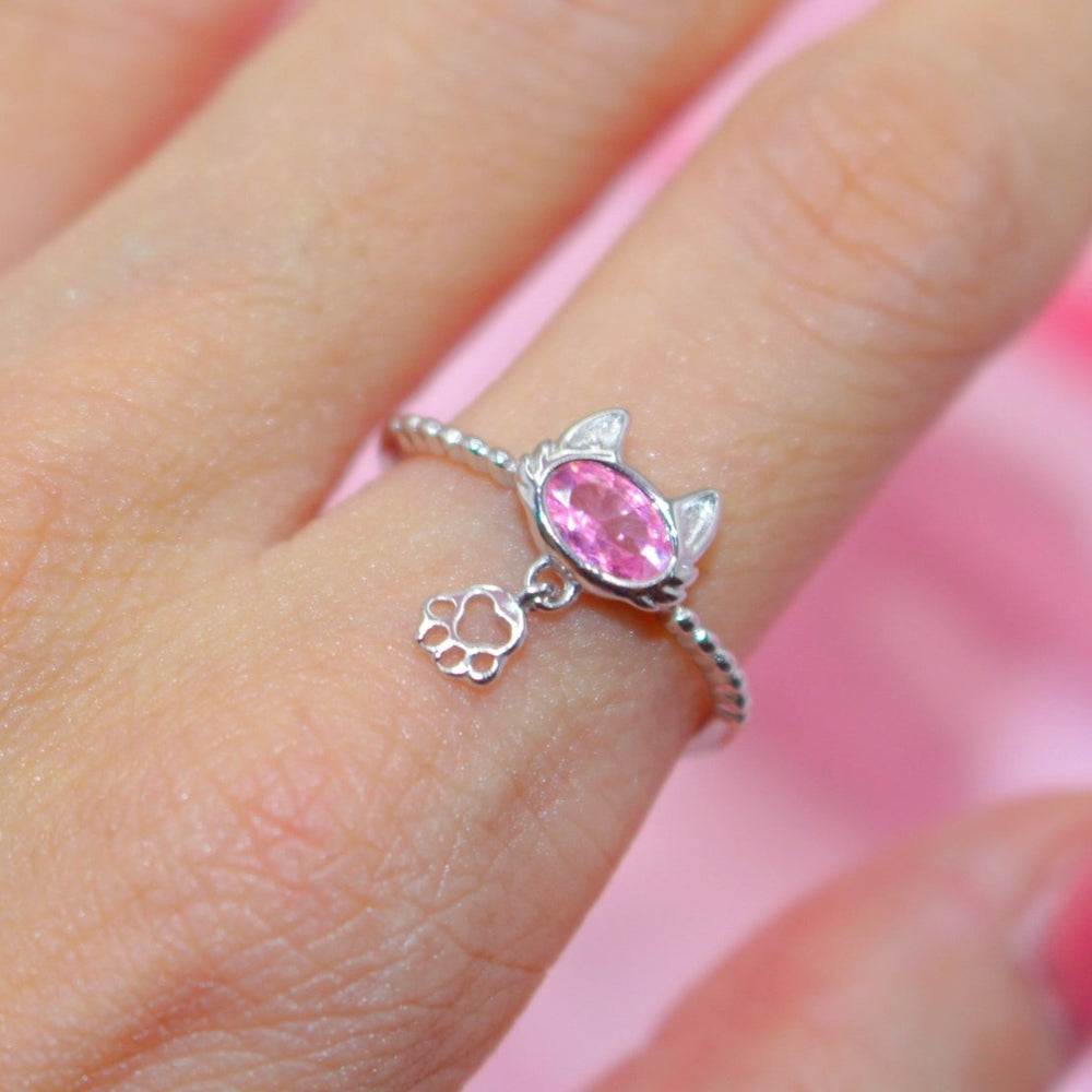 Sterling Silver Cat Paw Ring - Adjustable Pink Ring For Cat Lovers - Gift For Women & Cat Moms - View #7